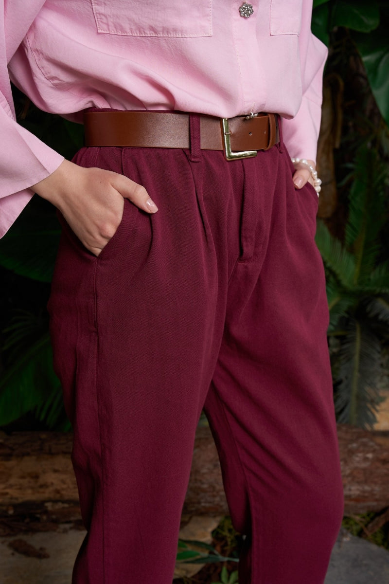 Beli Lastikli Havuç Pantolon - Bordo - (S-XL-6-2) - 4