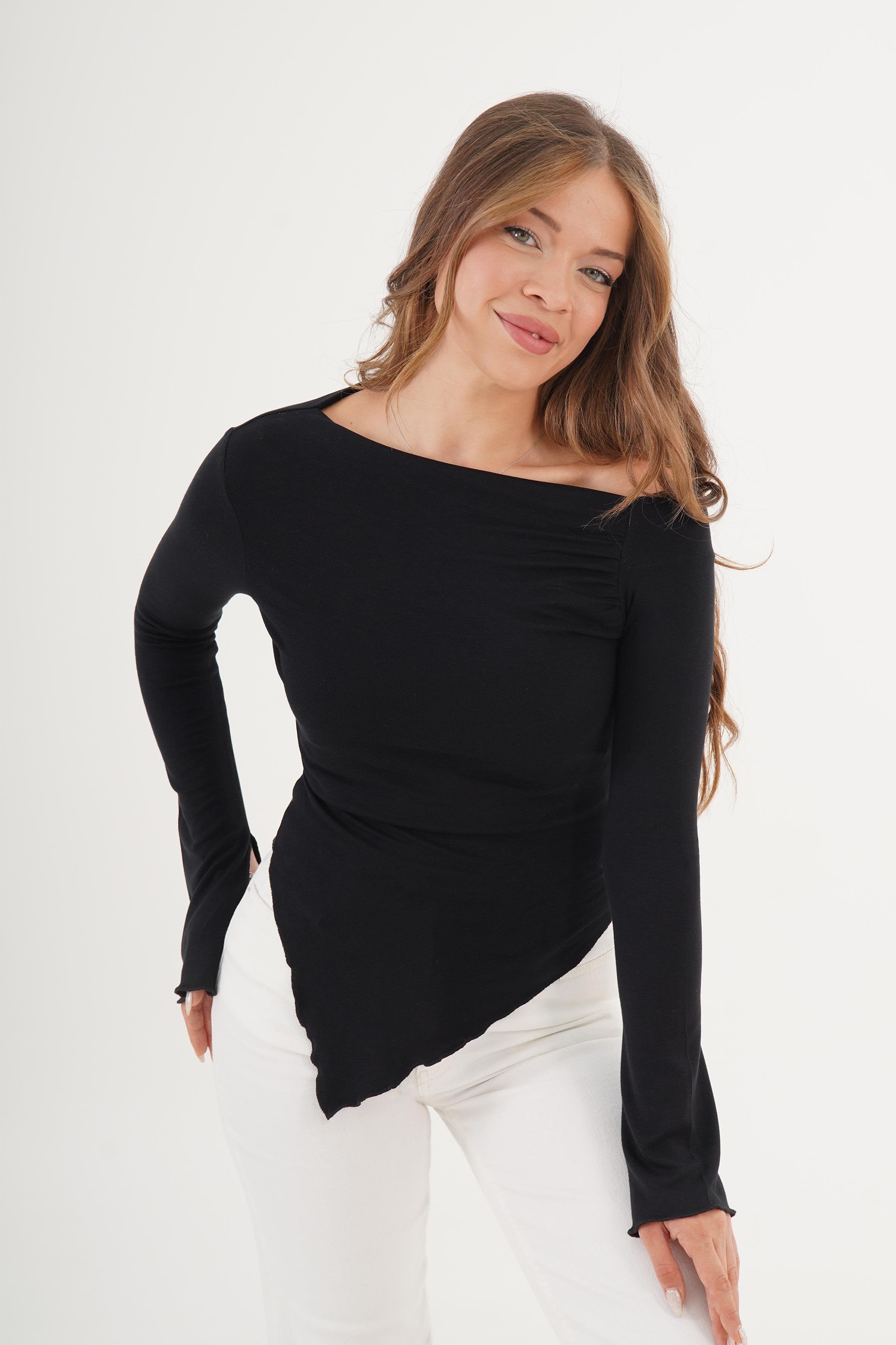 Asimetrik Kesim Toptan Siyah Basic Bluz