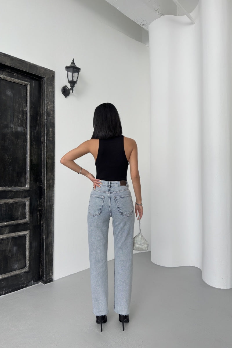 Leopar Taşlı Mom Fit Kot Pantolon - Kar Yıkama Açık Mavi - (26-31) - 3