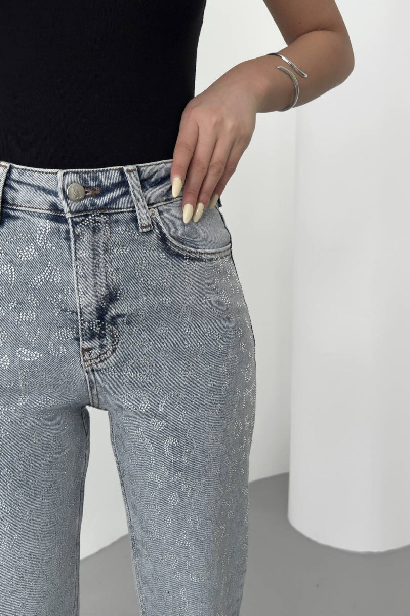 Leopar Taşlı Mom Fit Kot Pantolon - Kar Yıkama Açık Mavi - (26-31) - 5