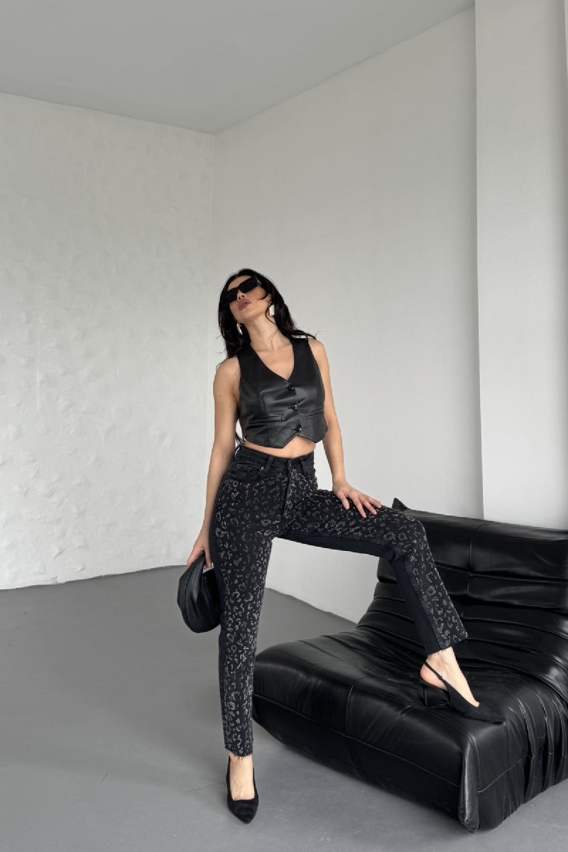 Leopar Taşlı Mom Fit Kot Pantolon - Düz Antrasit - (26-31) - 4