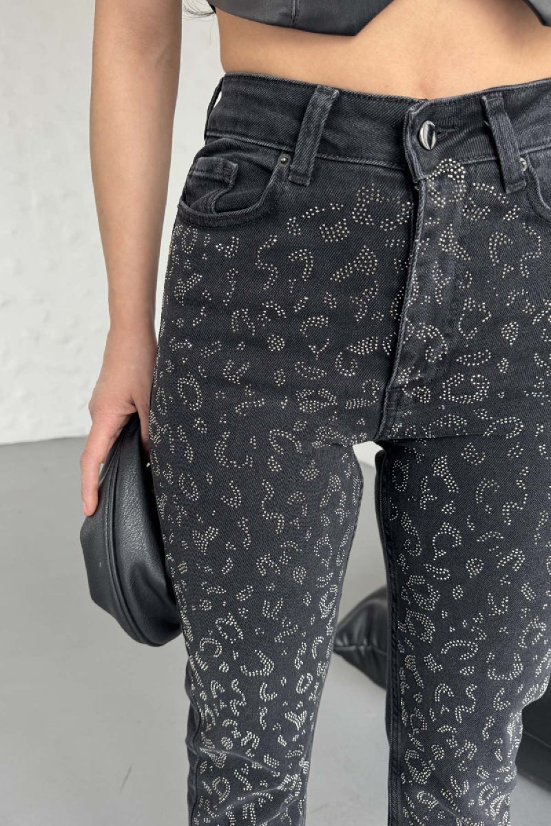 Leopar Taşlı Mom Fit Kot Pantolon - Düz Antrasit - (26-31) - 6