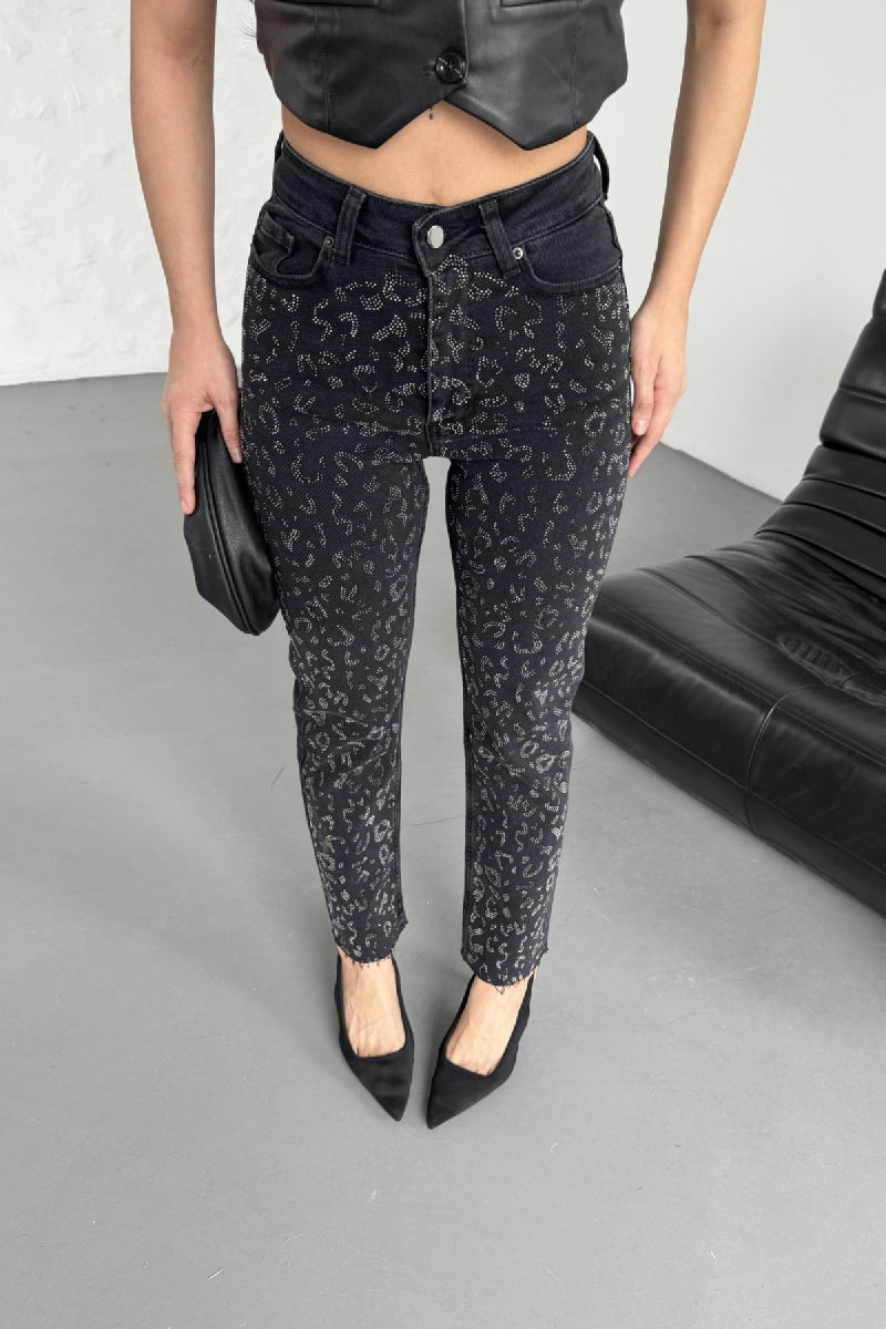 Leopar Taşlı Mom Fit Kot Pantolon - Düz Antrasit - (28-33) - 5