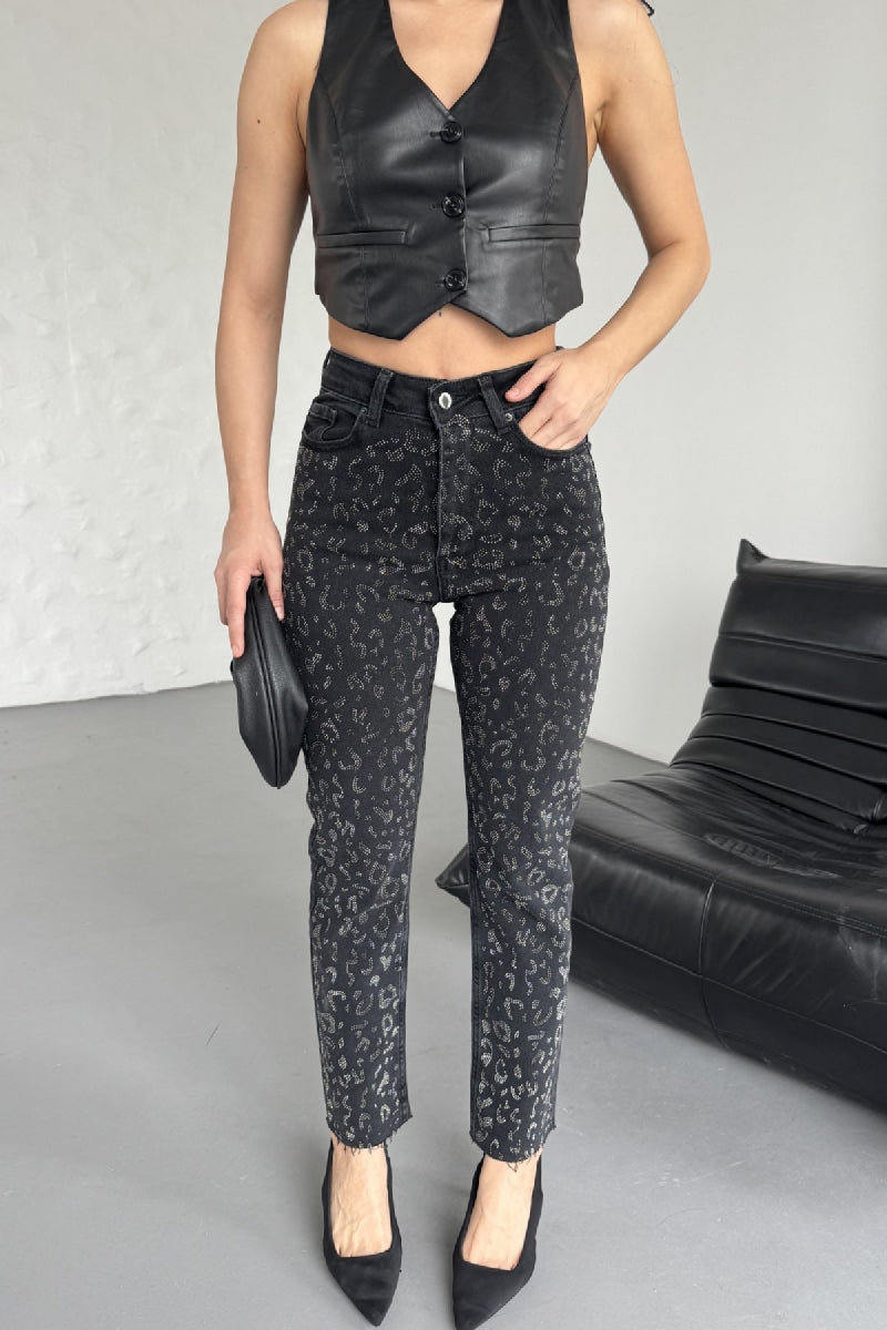 Leopar Taşlı Mom Fit Kot Pantolon Düz Antrasit