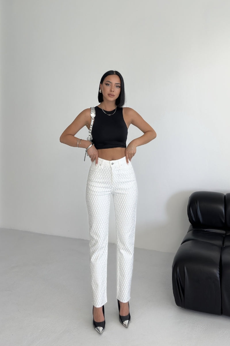 Taşlı Mom Fit Kot Pantolon - Beyaz - (26-31) - 3