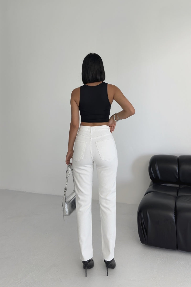 Taşlı Mom Fit Kot Pantolon - Beyaz - (26-31) - 4