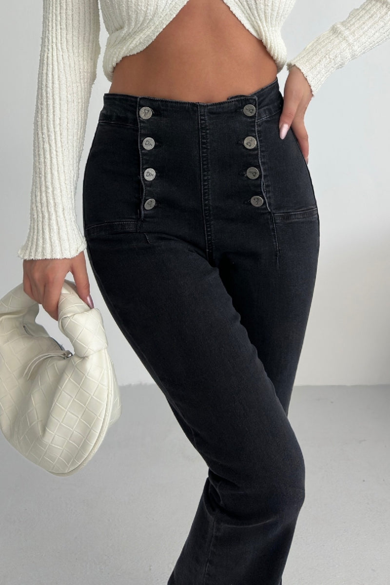 Çok Düğmeli İspanyol Kot Pantolon - Düz Antrasit - (27-32) - 4