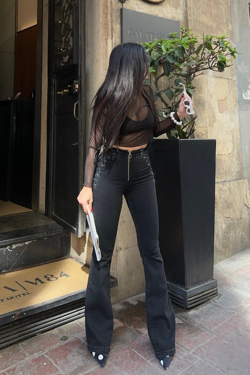 Kuşgözü Detaylı Bağcıklı Pantolon - Düz Antrasit - (26-31) - 2