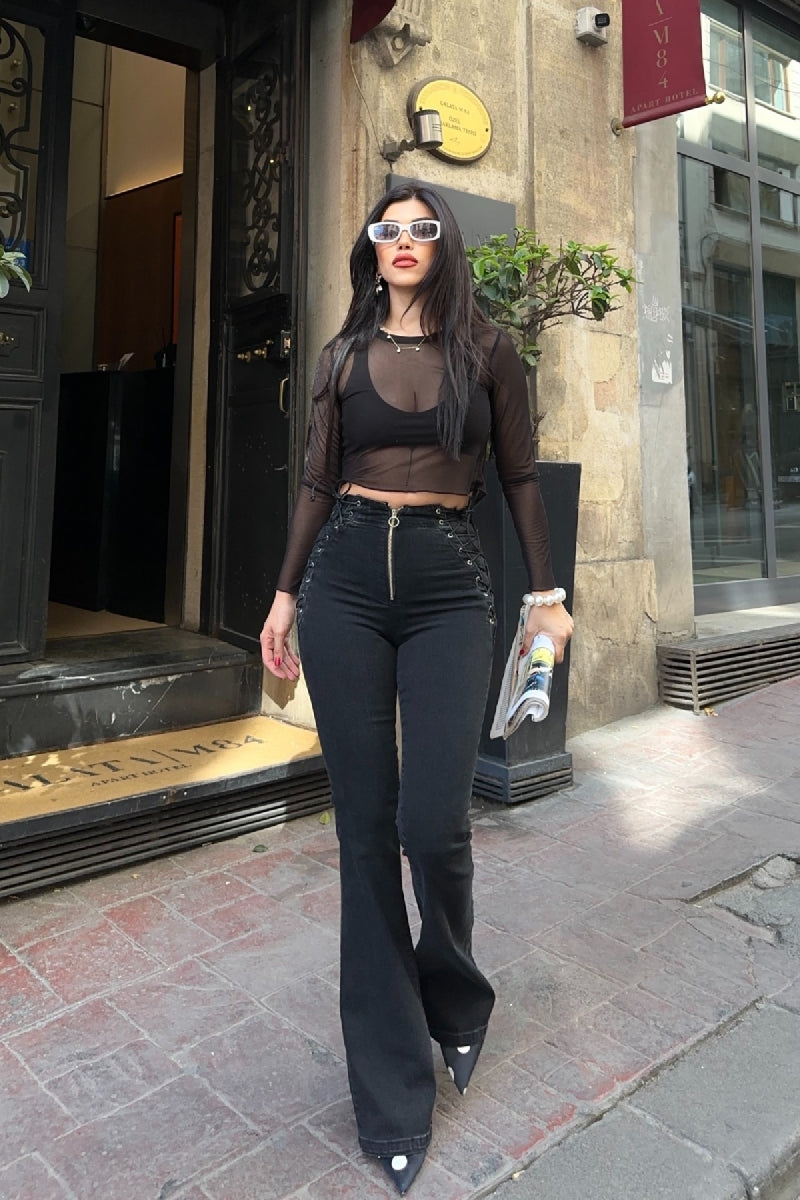 Kuşgözü Detaylı Bağcıklı Pantolon Düz Antrasit