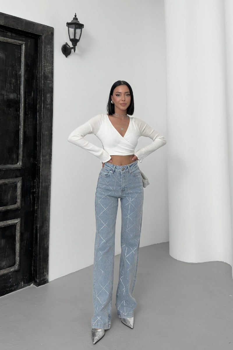 Baklava Desenli Taşlı Kot Pantolon - Kar Yıkama Açık Mavi - (26-31) - 4