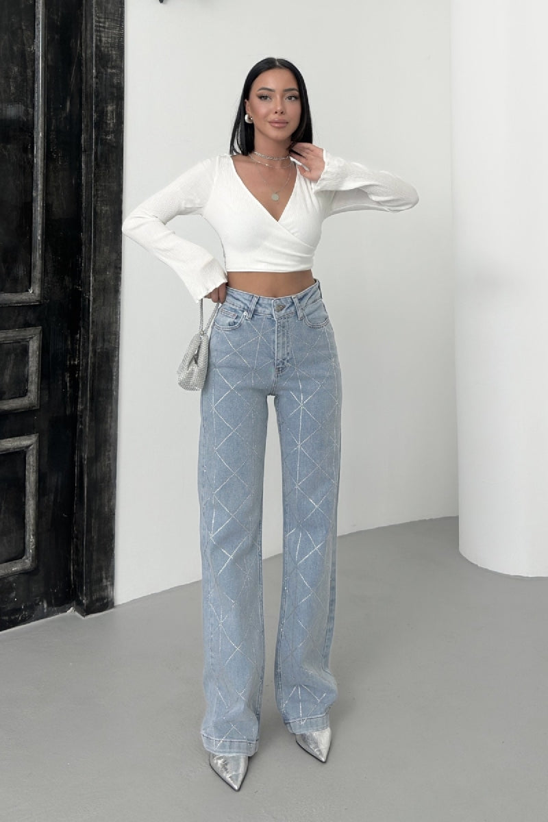 Baklava Desenli Taşlı Kot Pantolon - Kar Yıkama Açık Mavi - (26-31) - 5