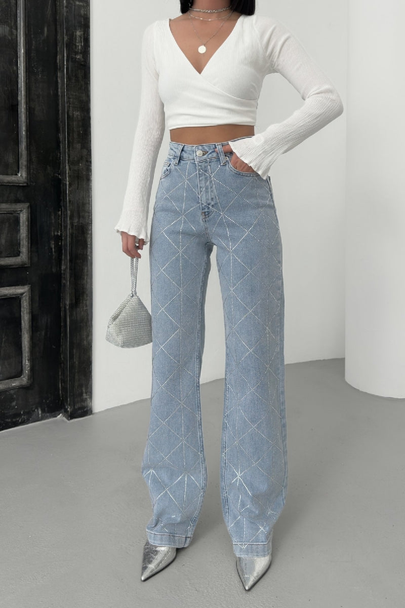 Baklava Desenli Taşlı Kot Pantolon - Kar Yıkama Açık Mavi - (28-33) - 2