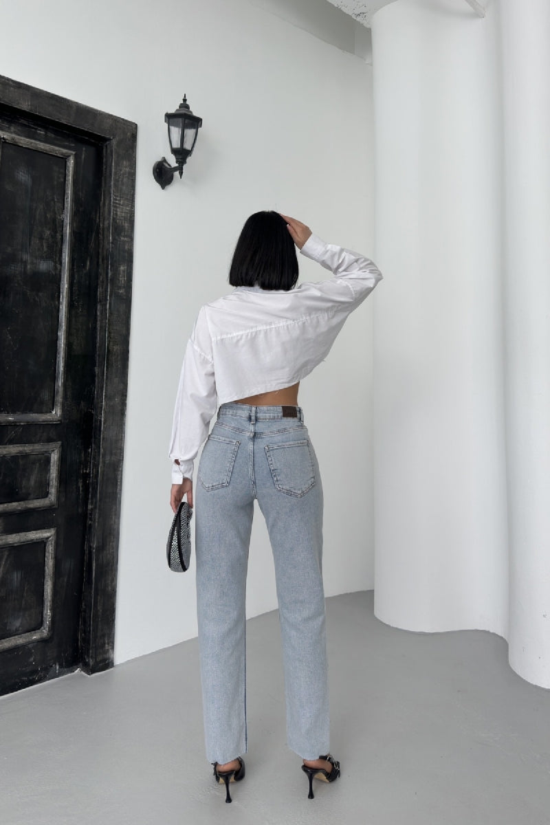 Şerit Taşlı Mom Fit Kot Pantolon - Kar Yıkama Açık Mavi - (26-31) - 3