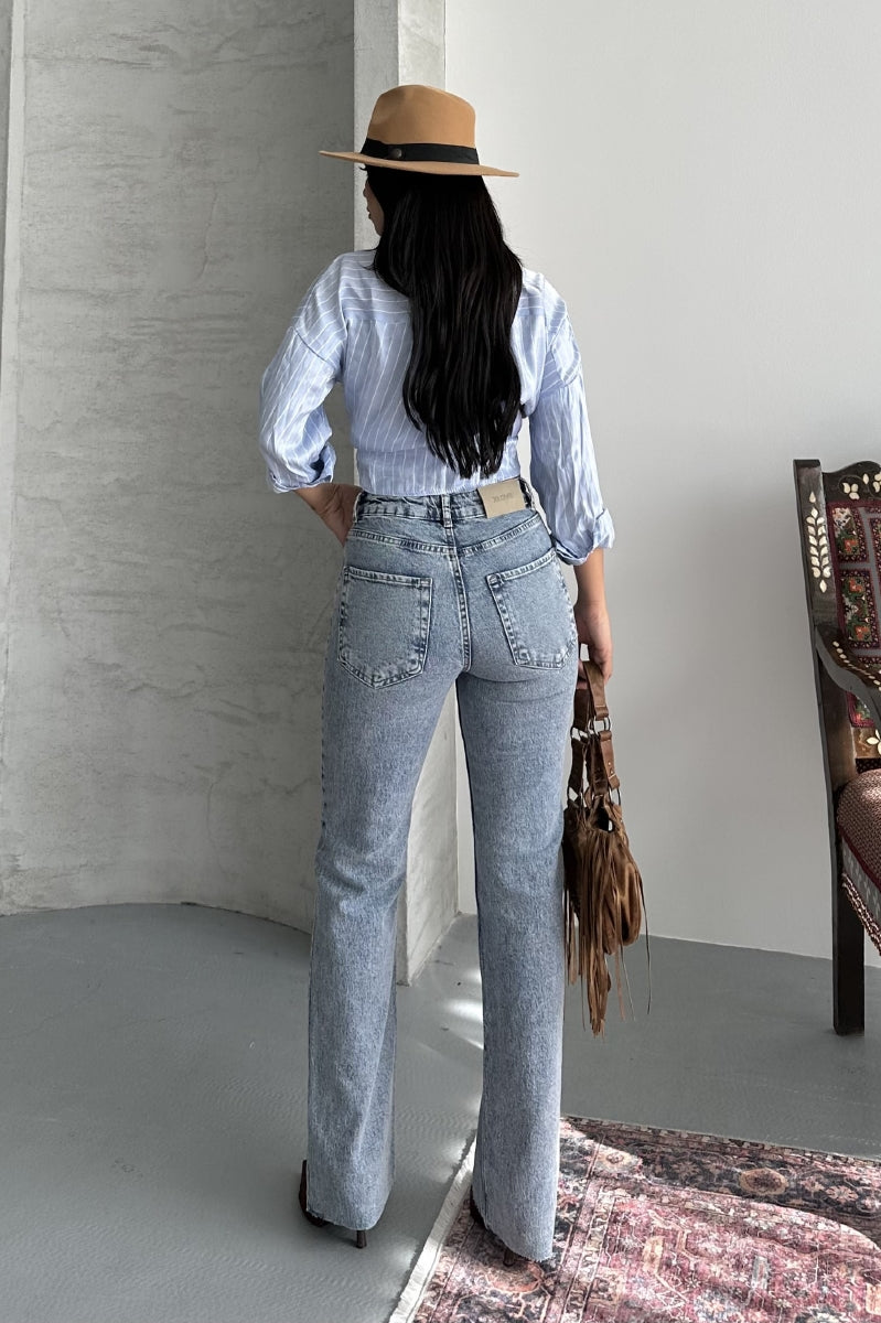 Kesik Paça Straight Fit Kot Pantolon - Açık Mavi ve Tintli - (26-31) - 2