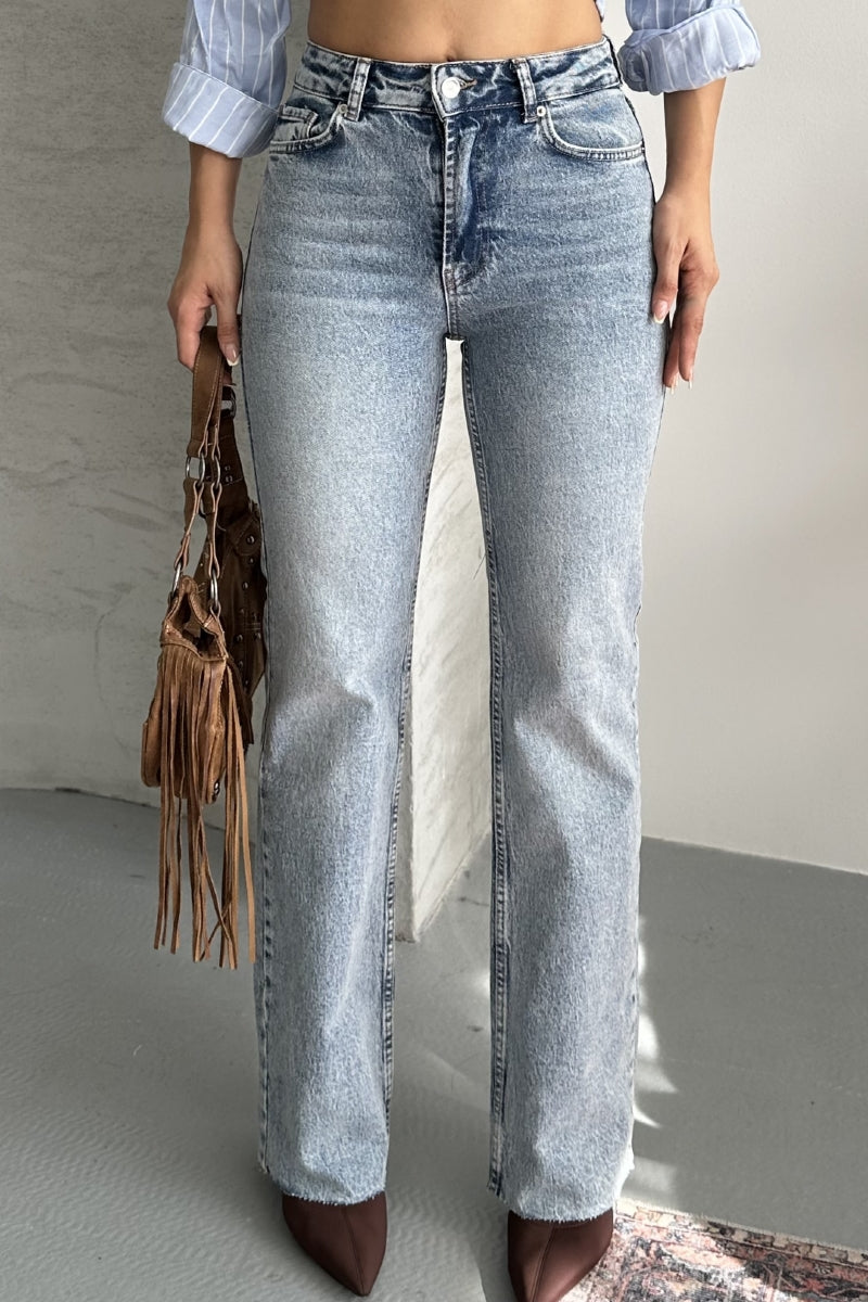 Kesik Paça Straight Fit Kot Pantolon - Açık Mavi ve Tintli - (26-31) - 4