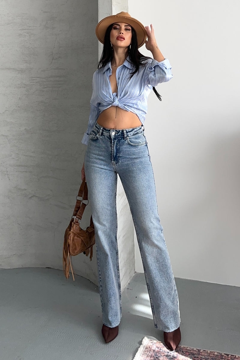 Kesik Paça Straight Fit Kot Pantolon - Açık Mavi ve Tintli - (26-31) - 6