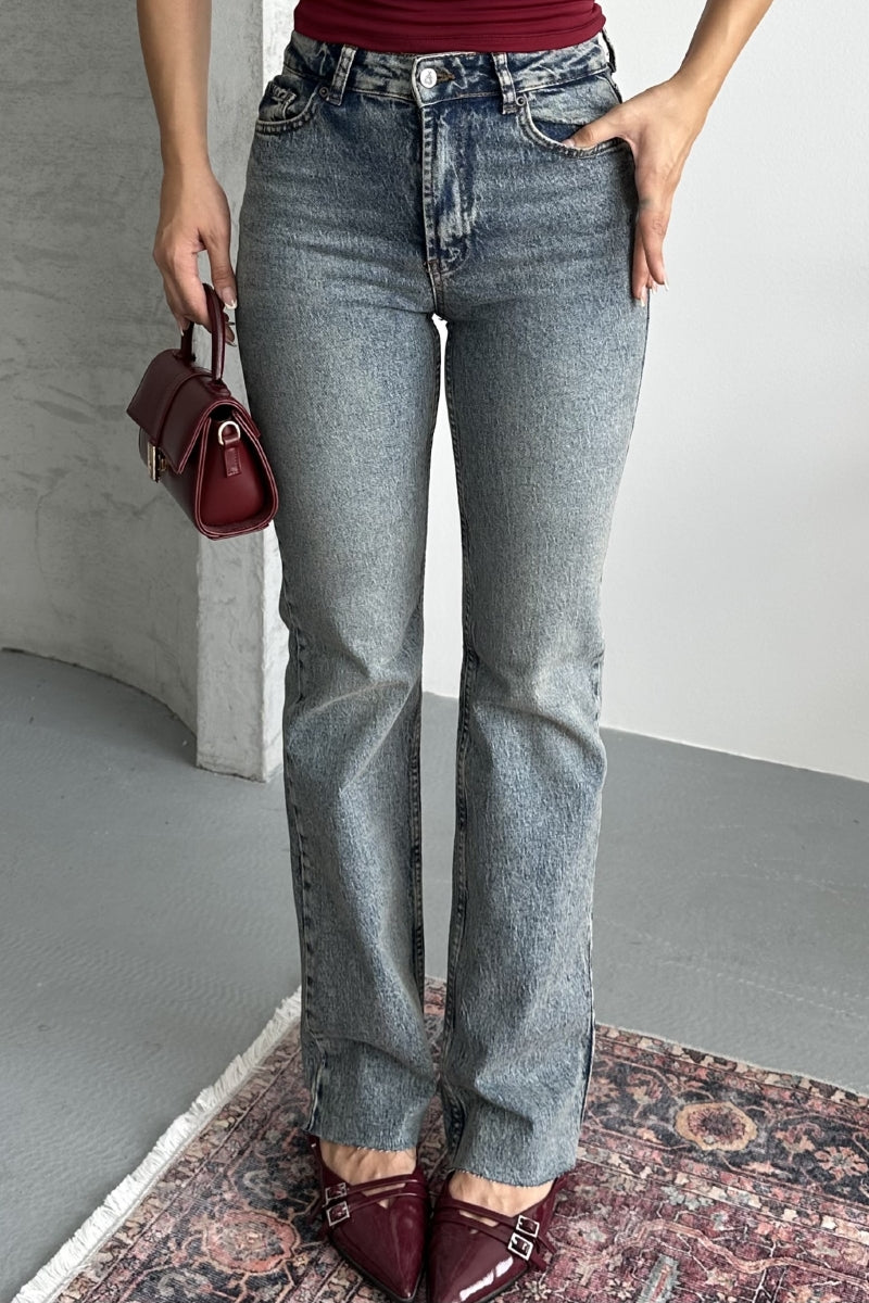 Kesik Paça Straight Fit Kot Pantolon - Orta Mavi ve Tintli - (26-31) - 4