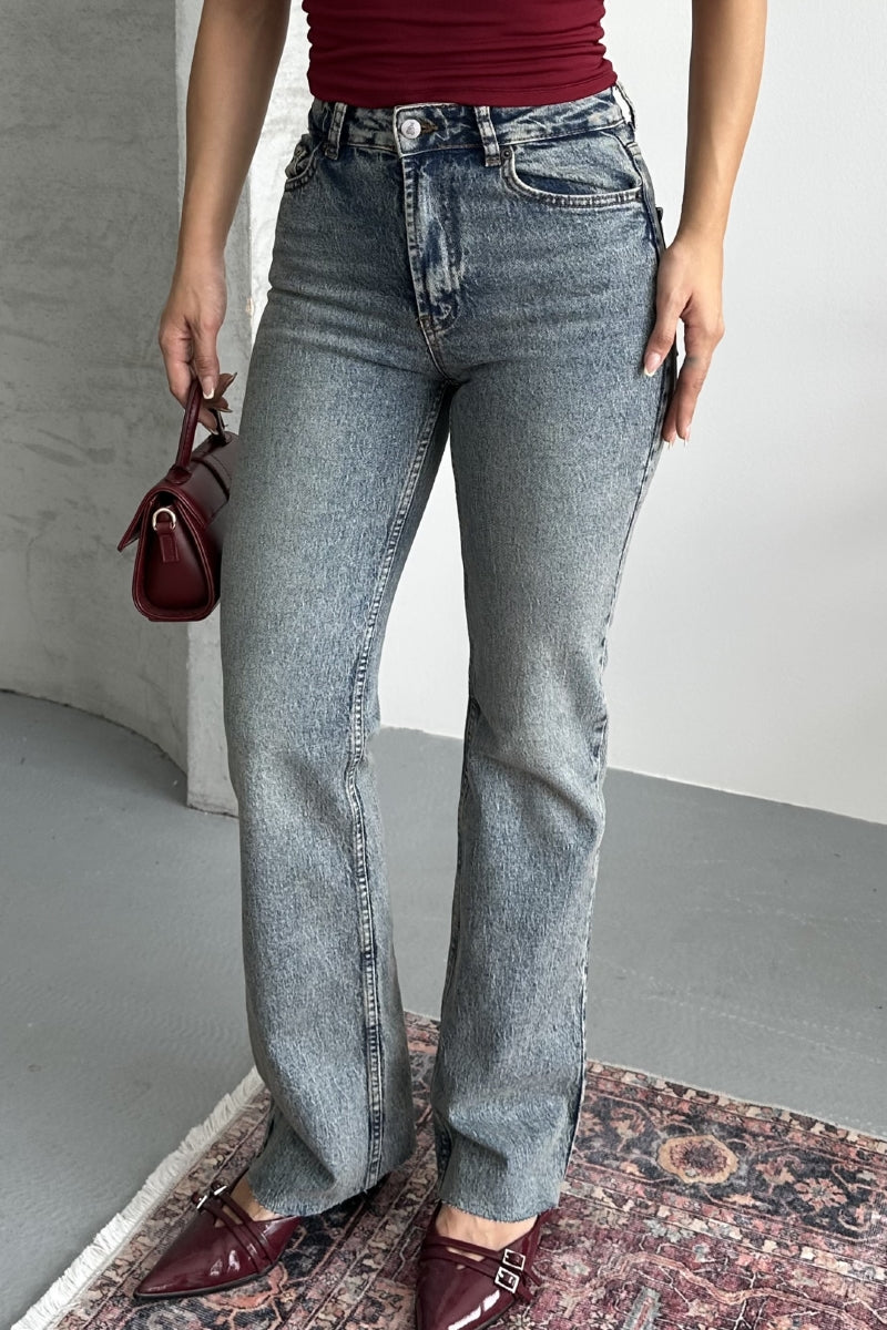 Kesik Paça Straight Fit Kot Pantolon - Orta Mavi ve Tintli - (26-31) - 6