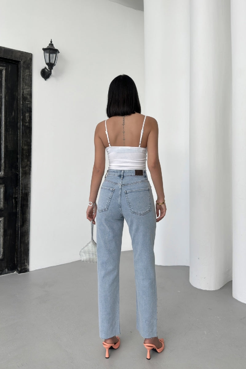 Taşlı Mom Fit Kot Pantolon - Kar Yıkama Açık Mavi - (28-33) - 4