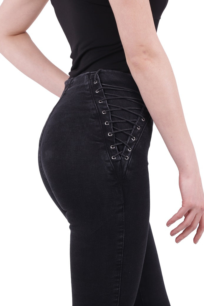 Yanı Bağcıklı Kot Pantolon - Düz Antrasit - (28-33) - 4