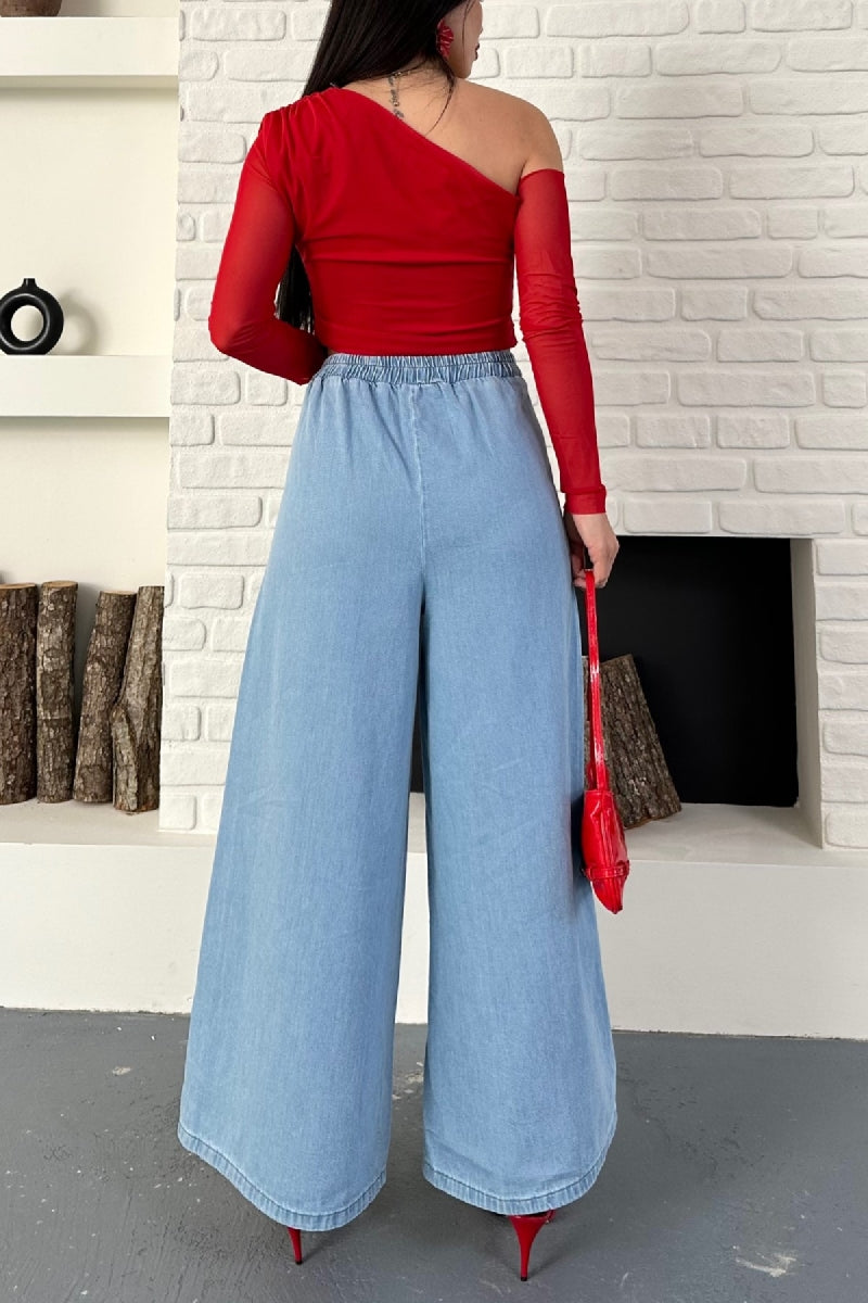 Arkası Lastikli Bol Paça Pantolon - Açık Mavi Kot - (36-42-6) - 3