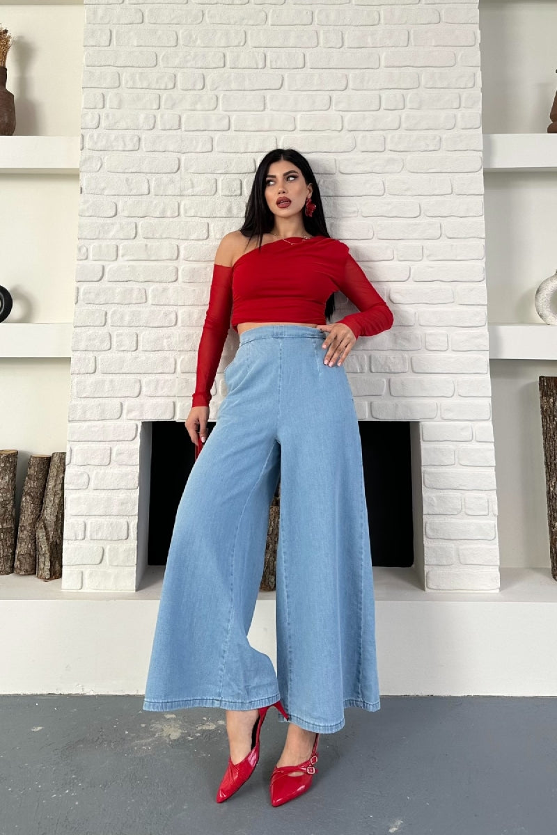 Arkası Lastikli Bol Paça Pantolon - Açık Mavi Kot - (36-42-6) - 5