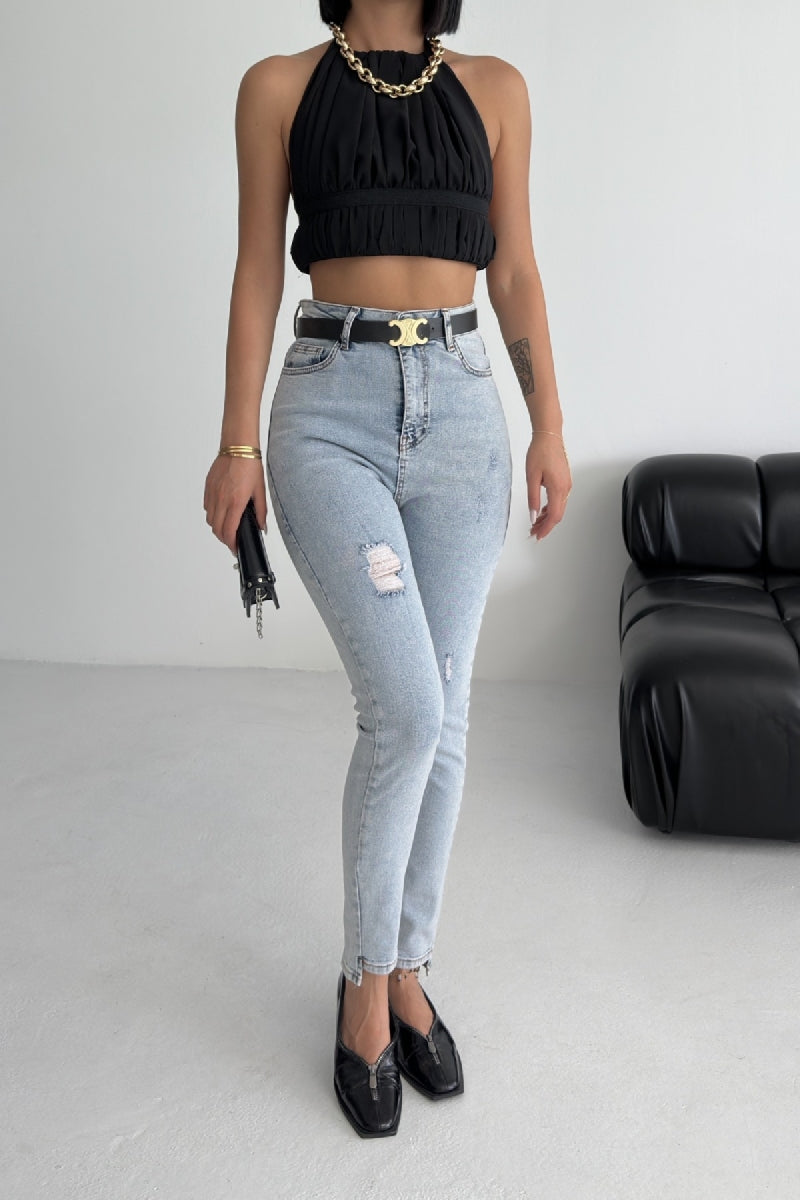 Asimetrik Paça Kot Pantolon - Orta Mavi Kot - (26-31) - 2