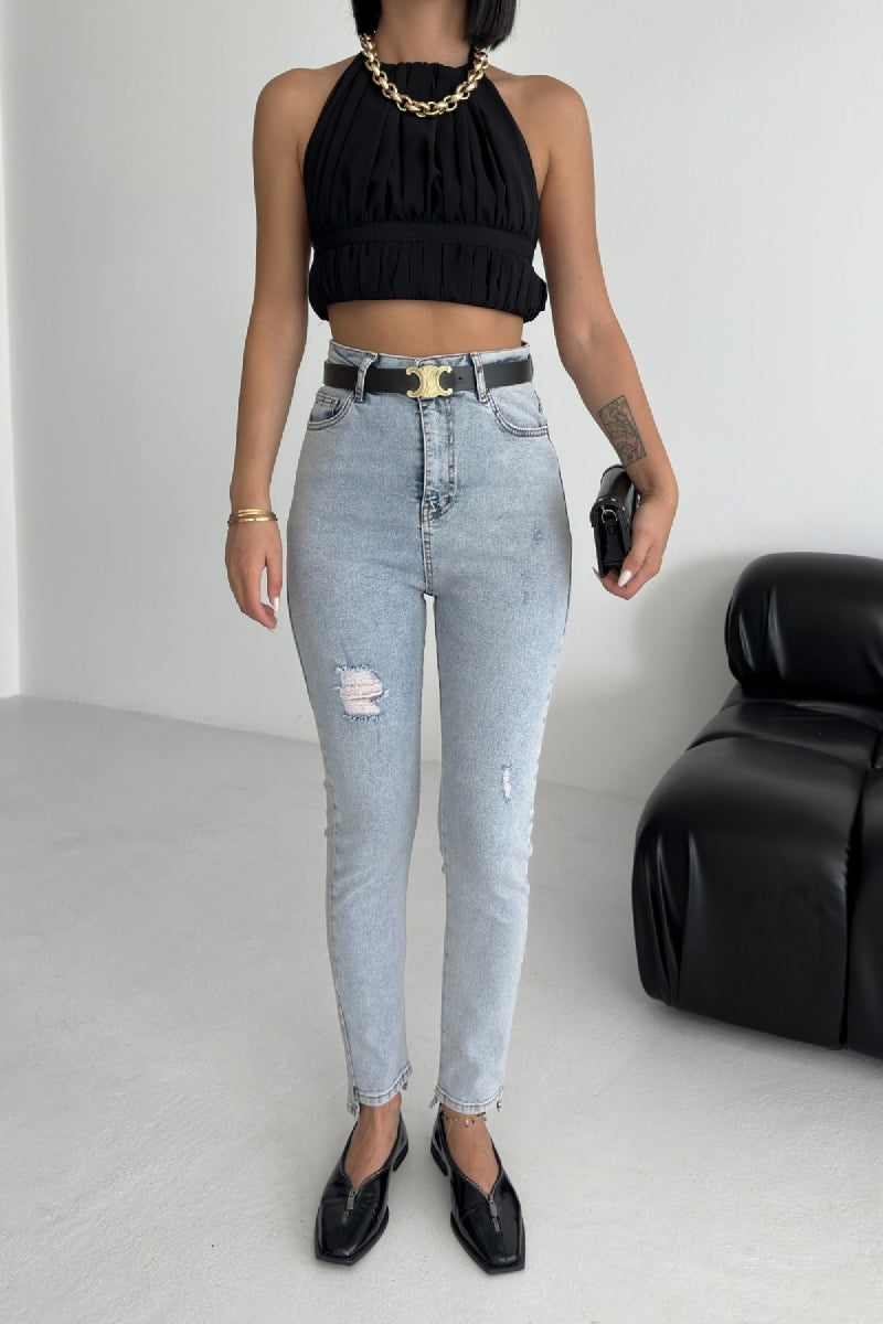 Asimetrik Paça Kot Pantolon Orta Mavi Kot