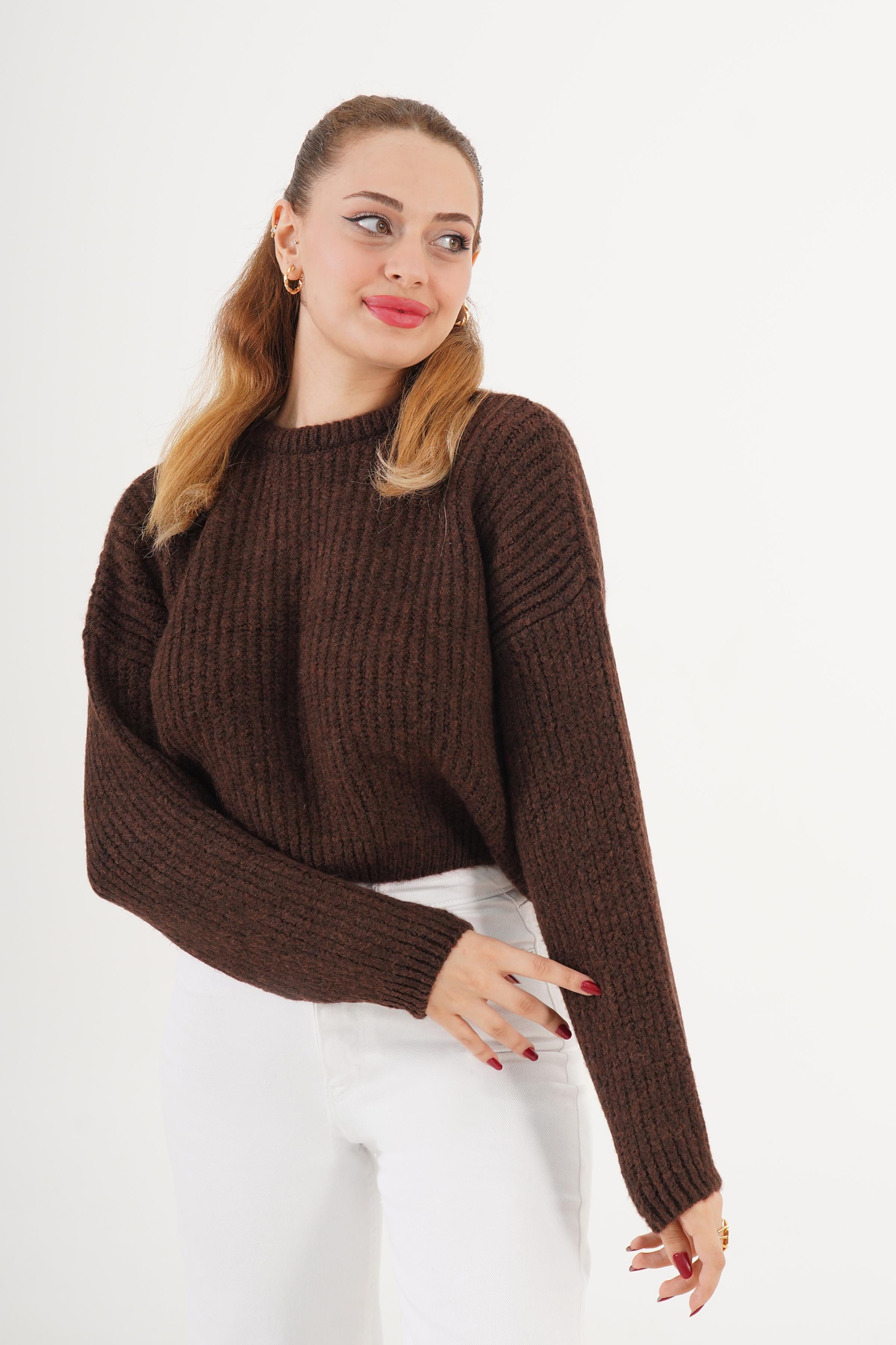 Bisiklet Yaka Basic Toptan Kahve Kazak