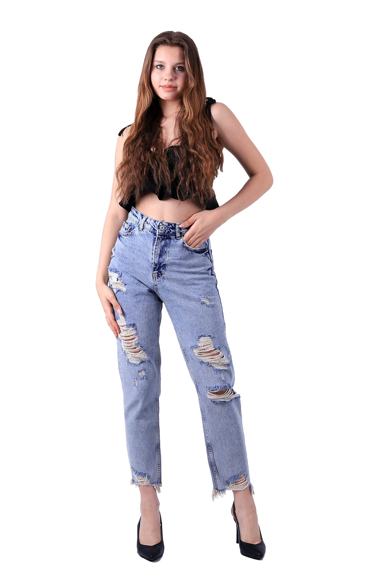 Mom Fit Kot Pantolon Buz Mavisi ve Tintli