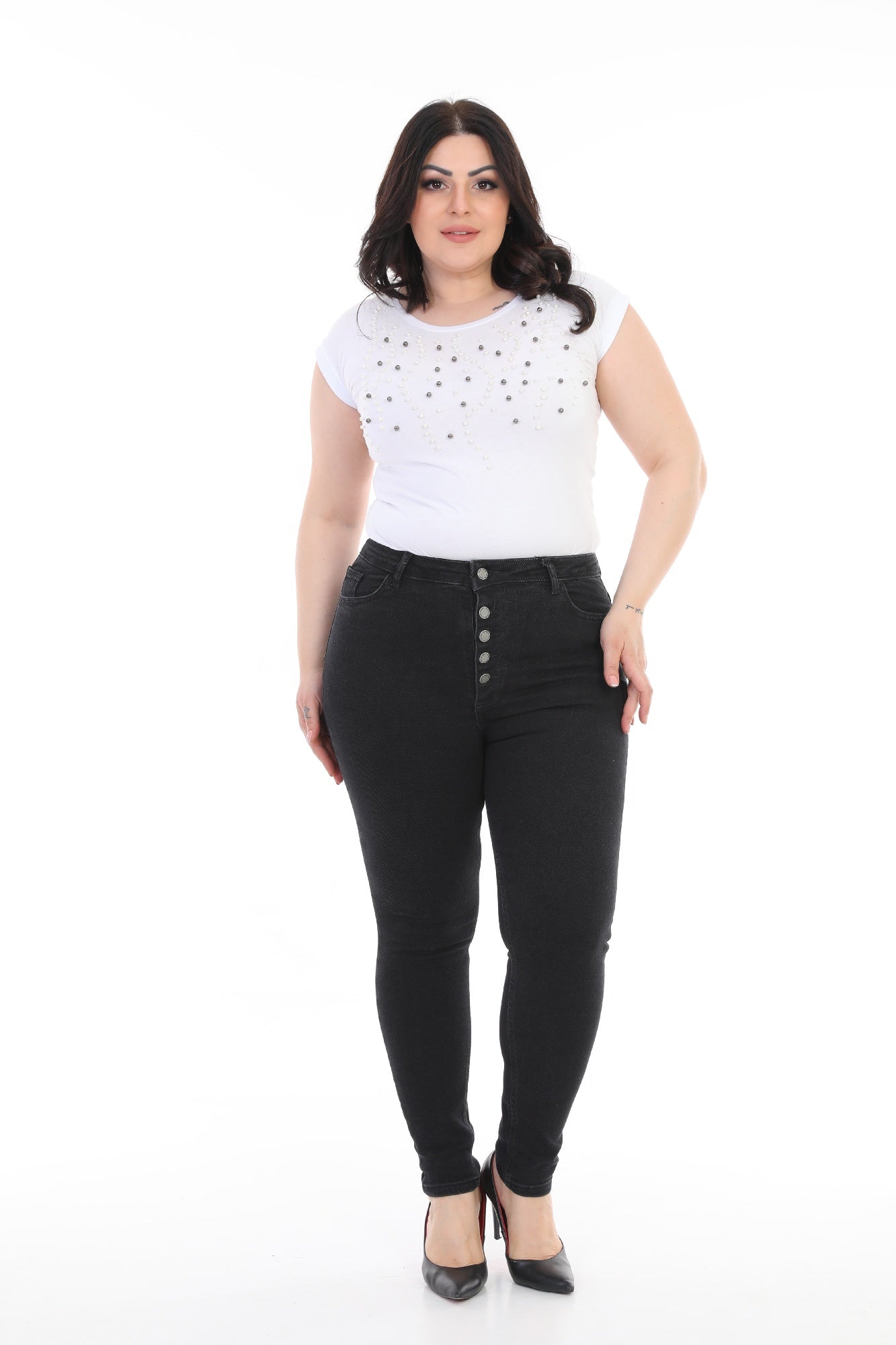 Önü 5 Düğmeli Skinny Kot Pantolon - Düz Antrasit - (30-36) - 6