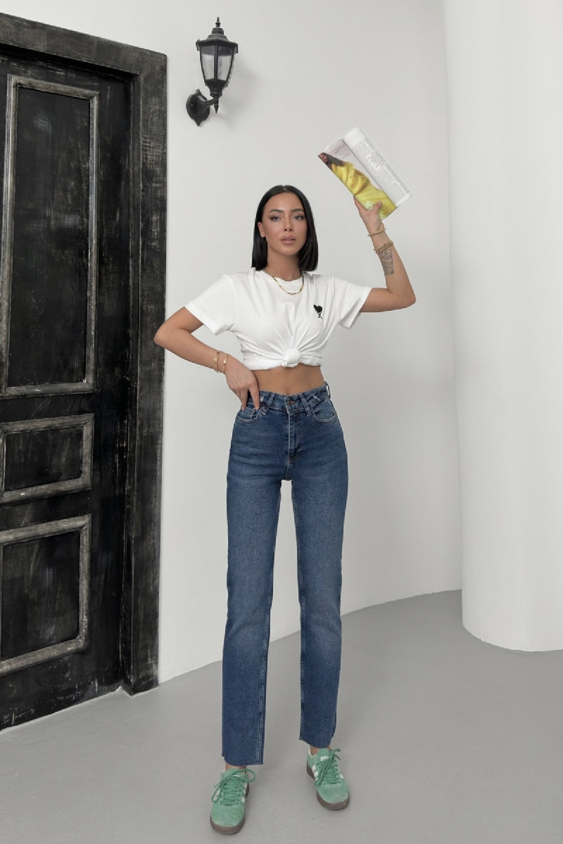 Dikişsiz Paça Mom Fit Kot Pantolon - Koyu Mavi Kot - (26-31) - 2