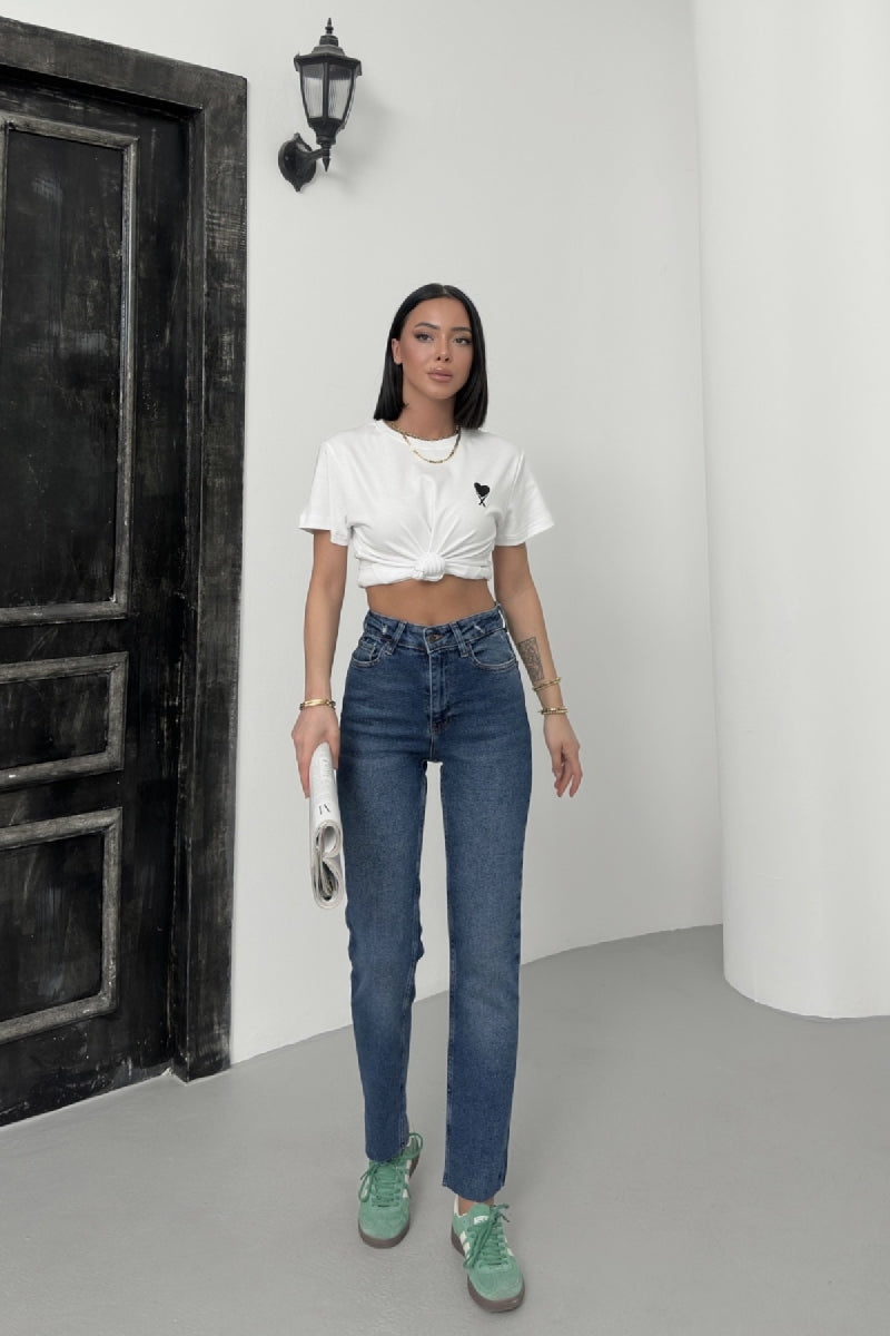 Dikişsiz Paça Mom Fit Kot Pantolon - Koyu Mavi Kot - (26-31) - 3
