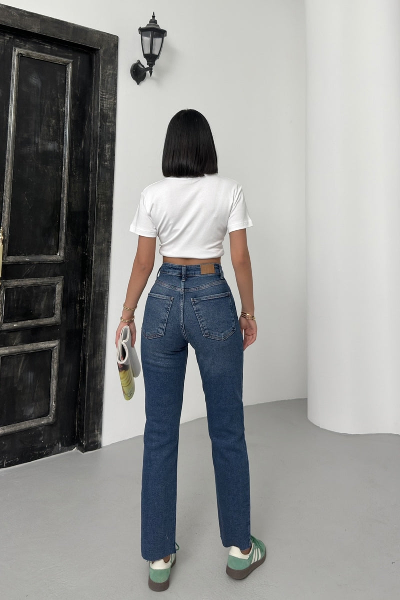 Dikişsiz Paça Mom Fit Kot Pantolon - Koyu Mavi Kot - (26-31) - 4
