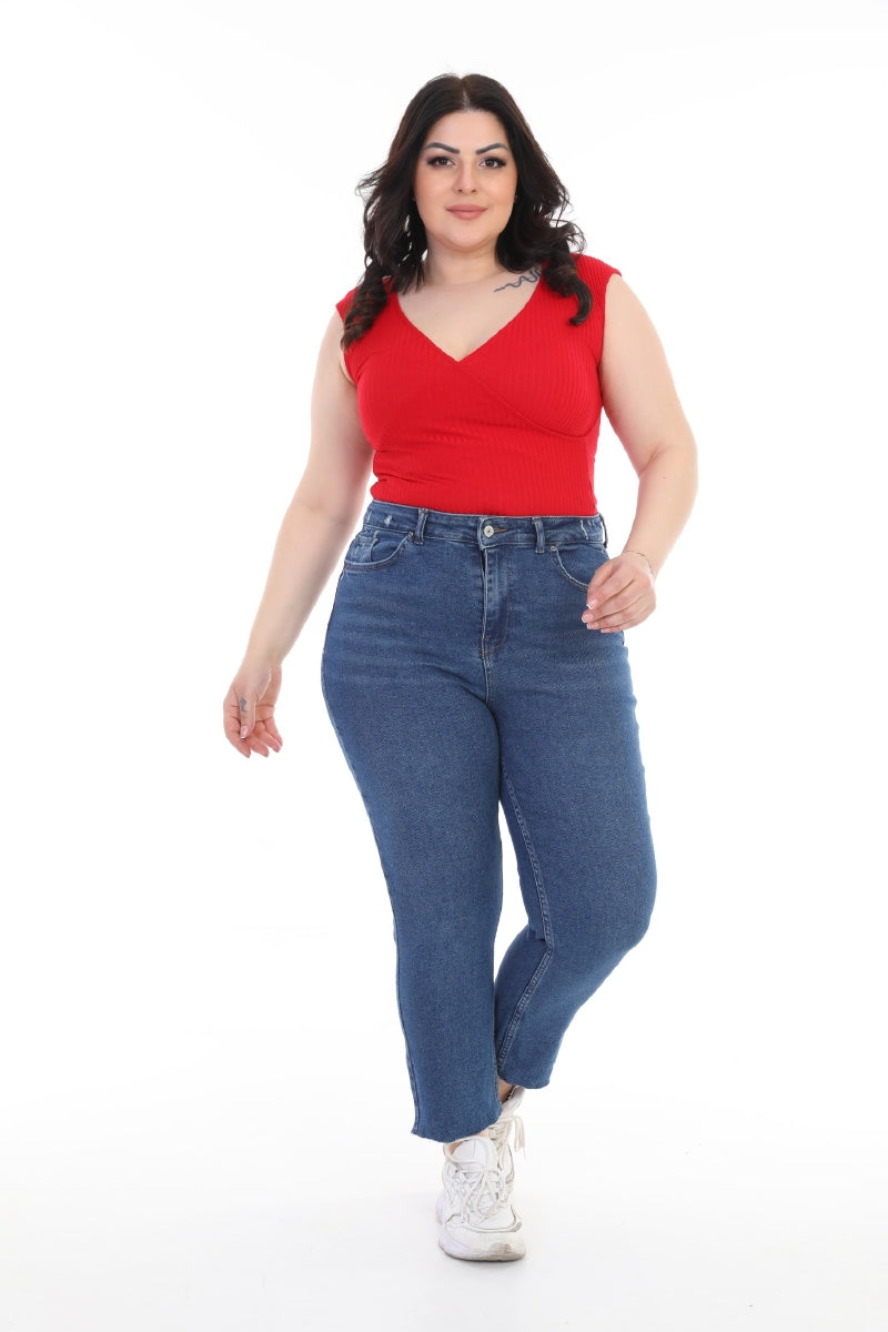 Dikişsiz Paça Mom Fit Kot Pantolon - Koyu Mavi Kot - (32-36) - 3
