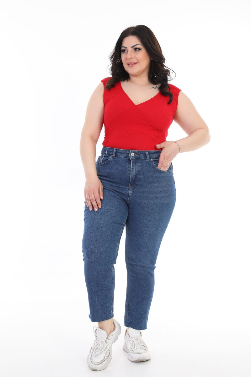 Dikişsiz Paça Mom Fit Kot Pantolon Koyu Mavi Kot