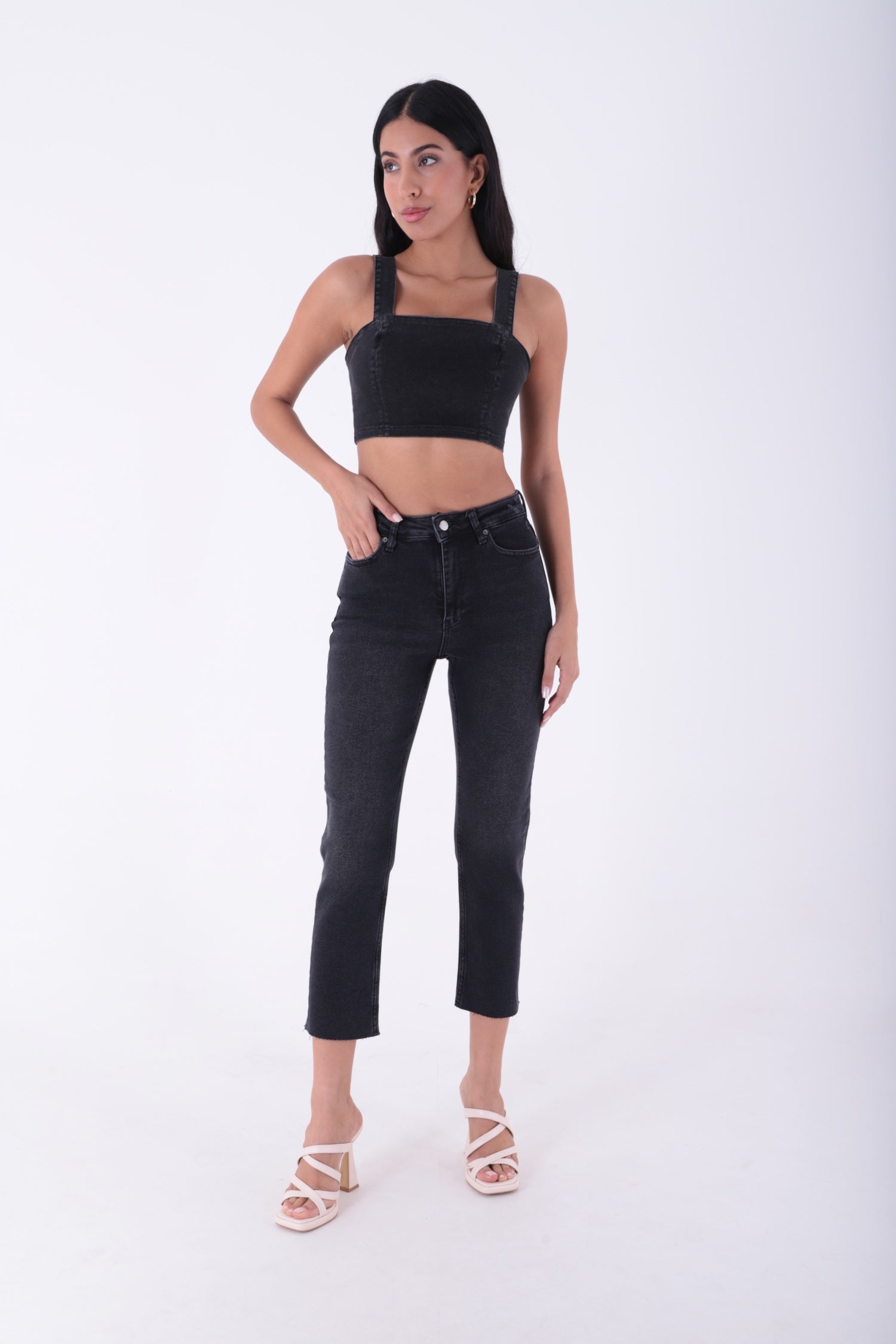 Dikişsiz Paça Mom Fit Kot Pantolon Antrasit Kot