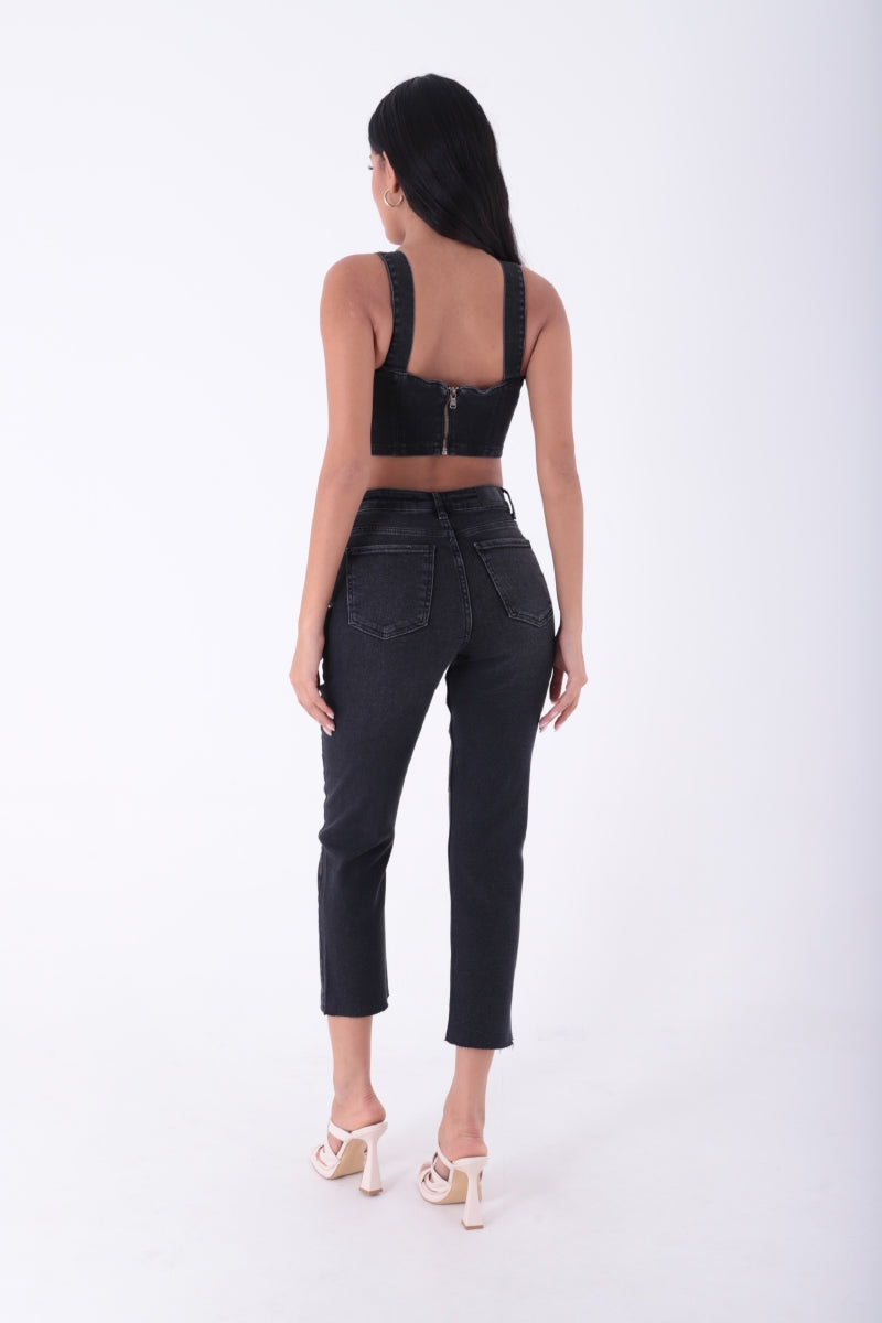 Dikişsiz Paça Mom Fit Kot Pantolon - Antrasit Kot - (32-36) - 3