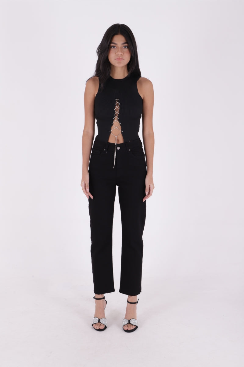 Dikişsiz Paça Mom Fit Kot Pantolon Siyah