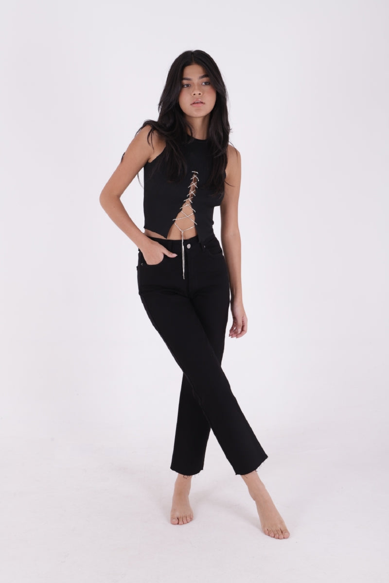 Dikişsiz Paça Mom Fit Kot Pantolon - Siyah - (28-33) - 5