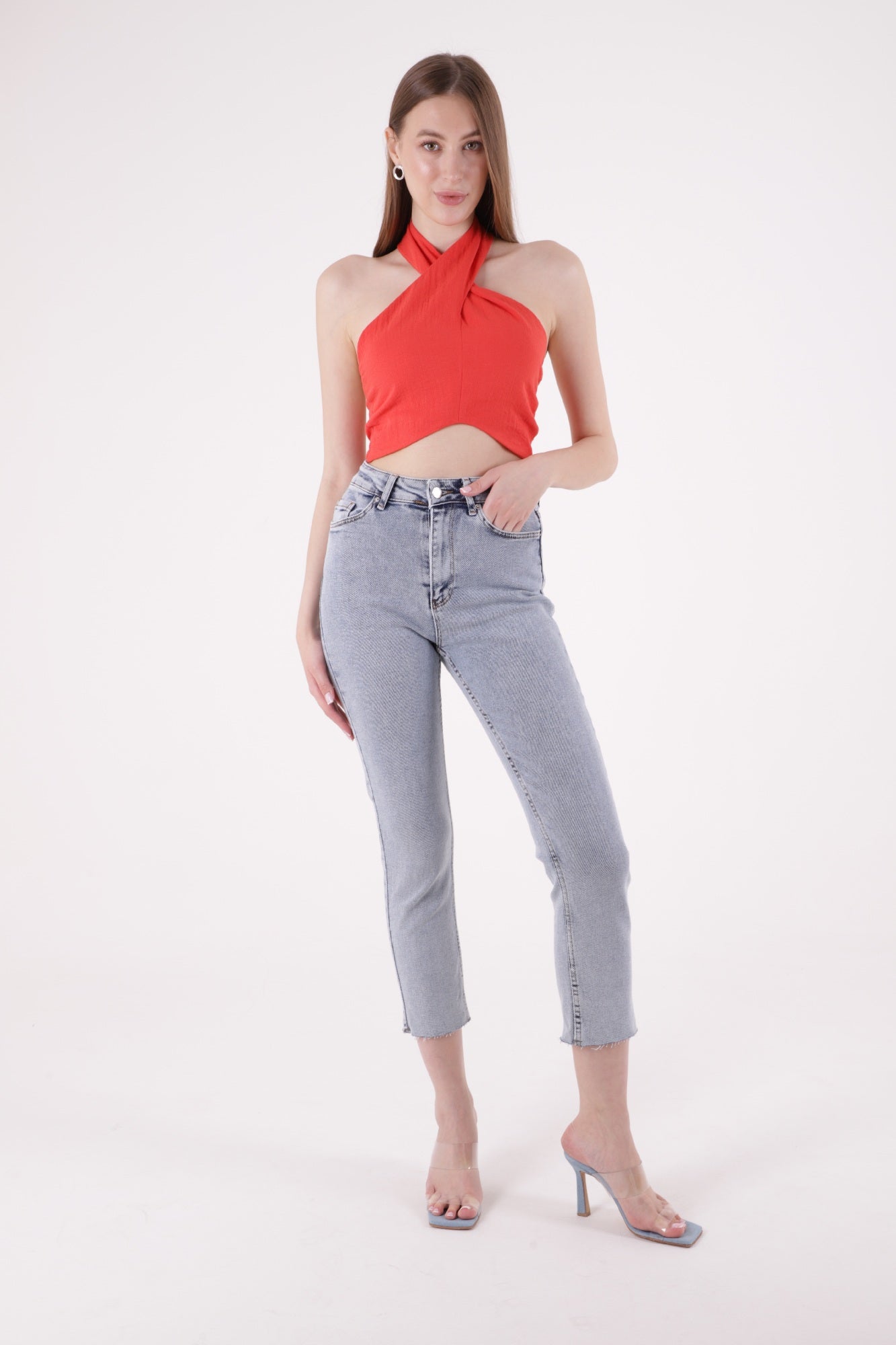 Dikişsiz Paça Mom Fit Kot Pantolon Kar Yıkama Açık Mavi