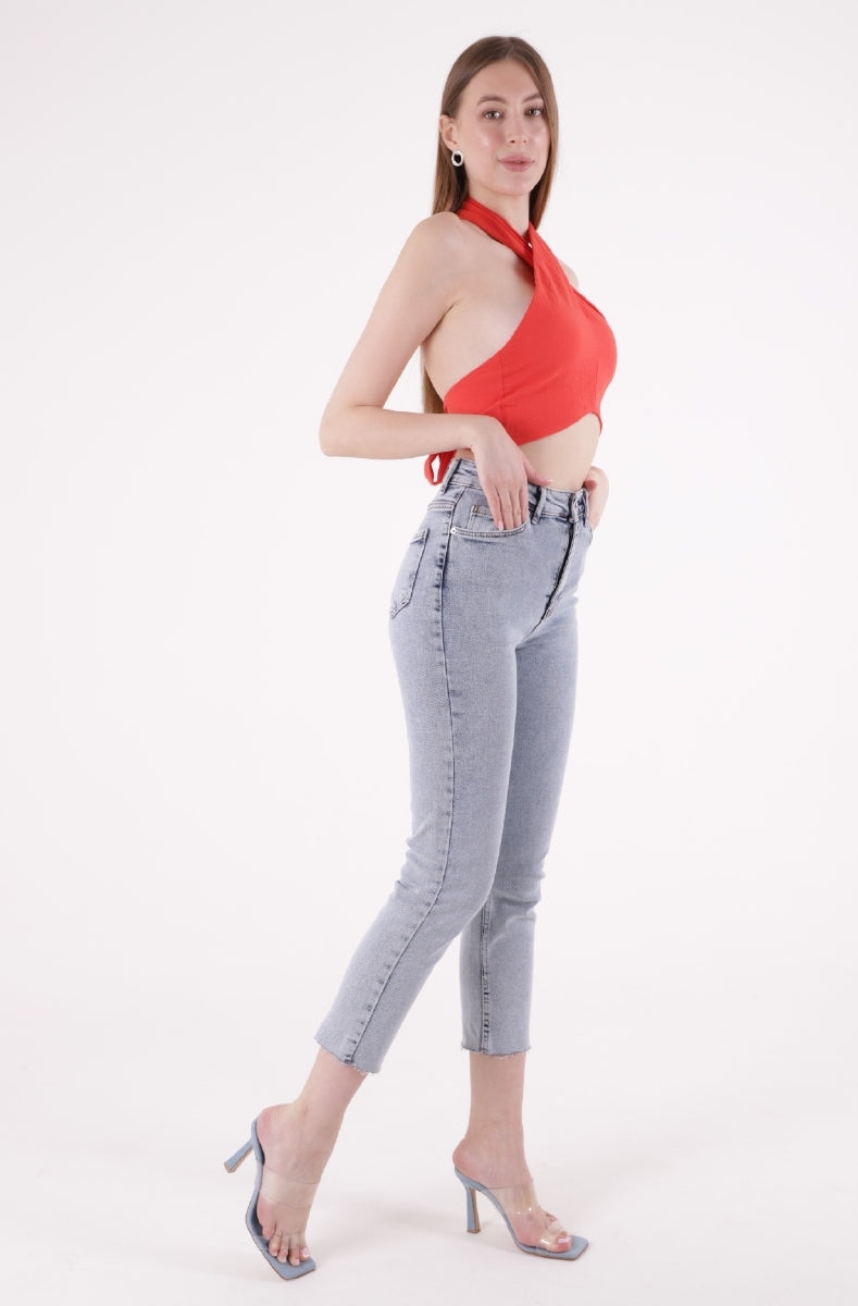 Dikişsiz Paça Mom Fit Kot Pantolon - Kar Yıkama Açık Mavi - (26-29) - 4