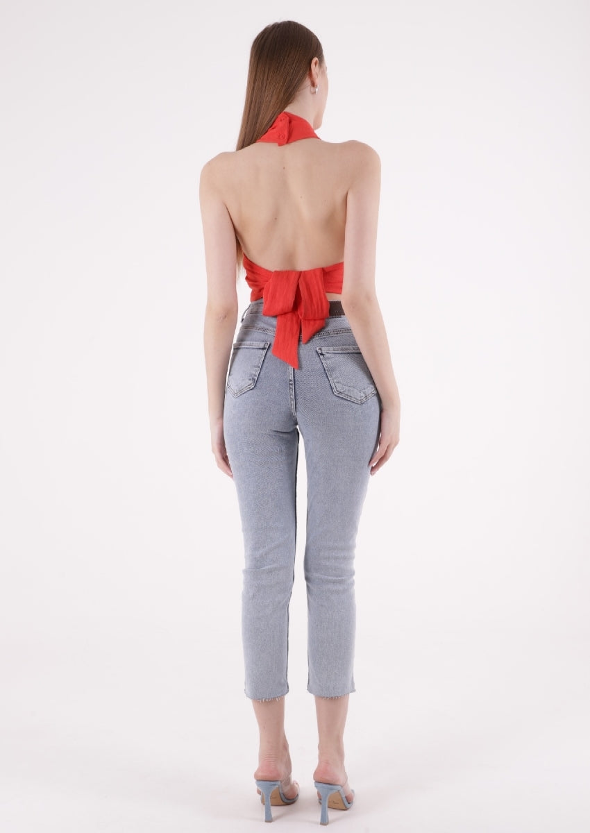 Dikişsiz Paça Mom Fit Kot Pantolon - Kar Yıkama Açık Mavi - (32-36) - 3