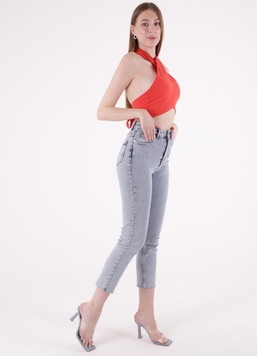 Dikişsiz Paça Mom Fit Kot Pantolon - Kar Yıkama Açık Mavi - (32-36) - 4