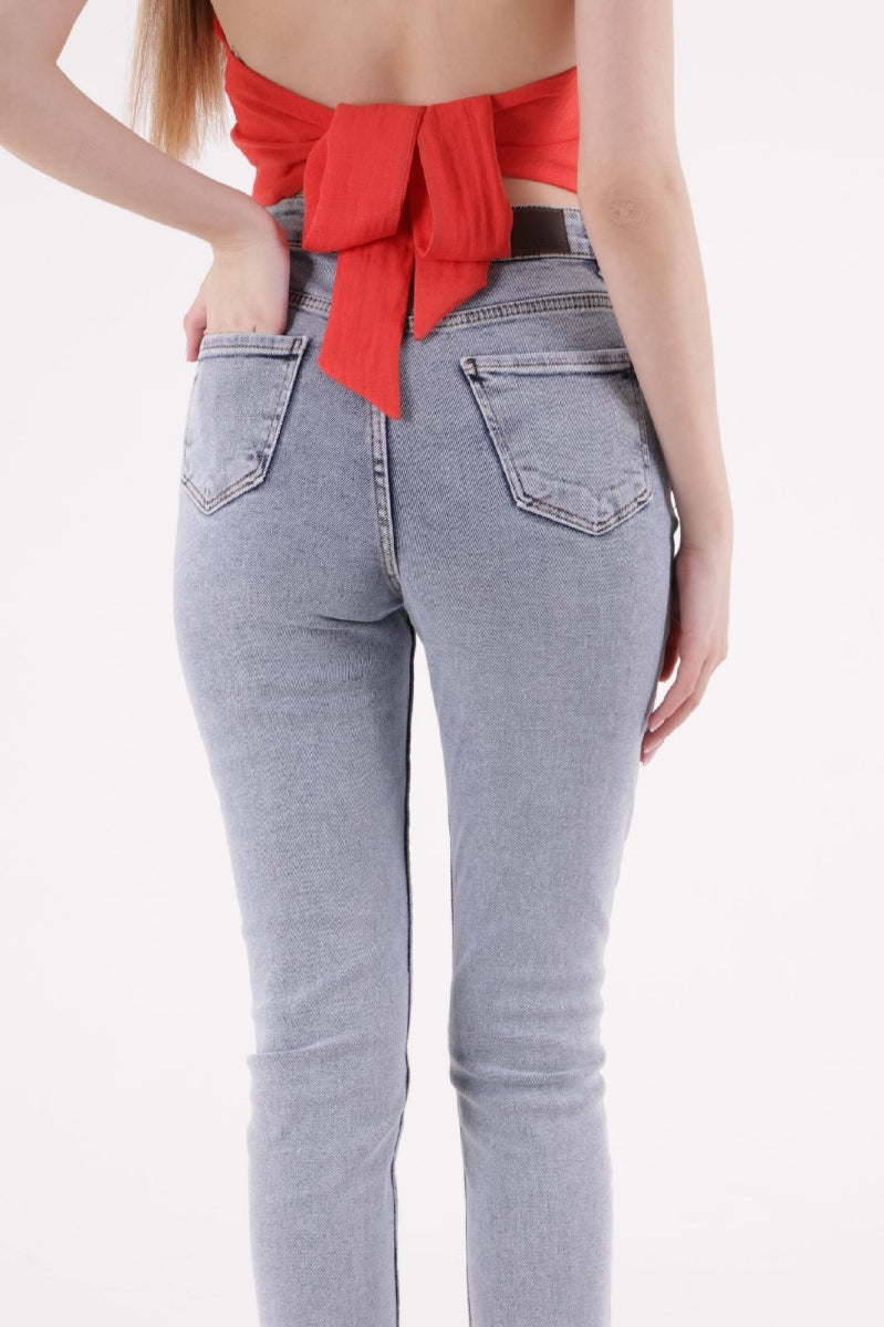 Dikişsiz Paça Mom Fit Kot Pantolon - Kar Yıkama Açık Mavi - (32-36) - 5
