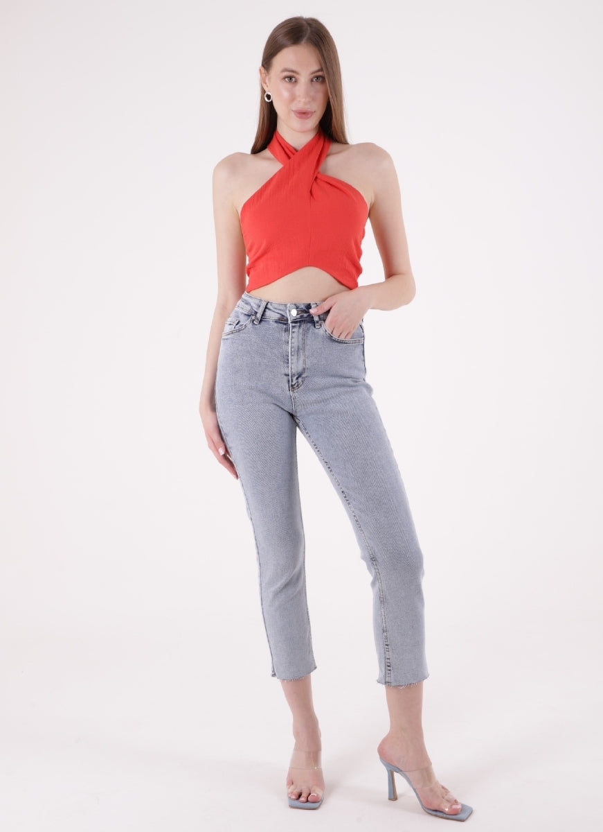 Dikişsiz Paça Mom Fit Kot Pantolon Kar Yıkama Açık Mavi