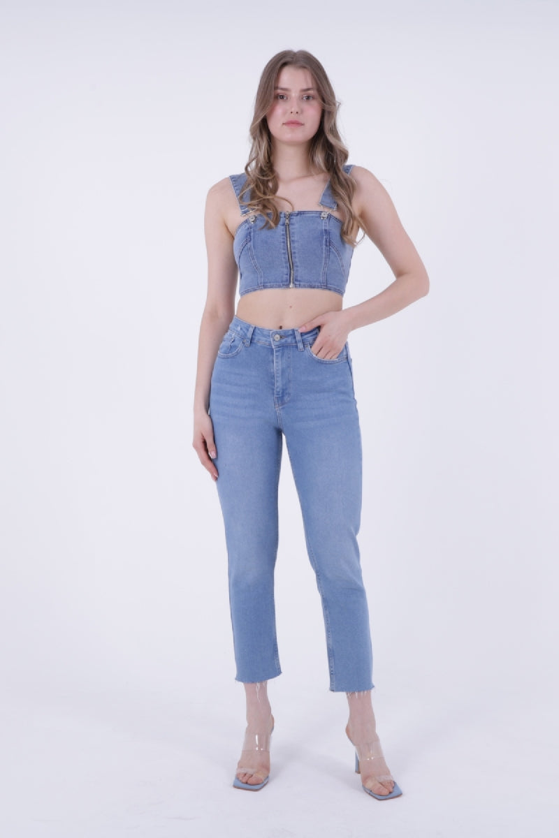 Dikişsiz Paça Mom Fit Kot Pantolon - Açık Mavi Kot - (26-29) - 2