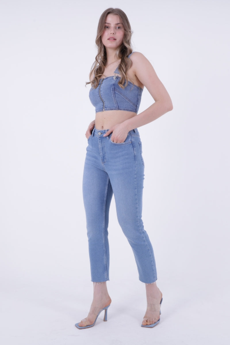 Dikişsiz Paça Mom Fit Kot Pantolon - Açık Mavi Kot - (26-29) - 3