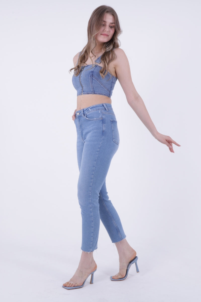 Dikişsiz Paça Mom Fit Kot Pantolon - Açık Mavi Kot - (26-29) - 4