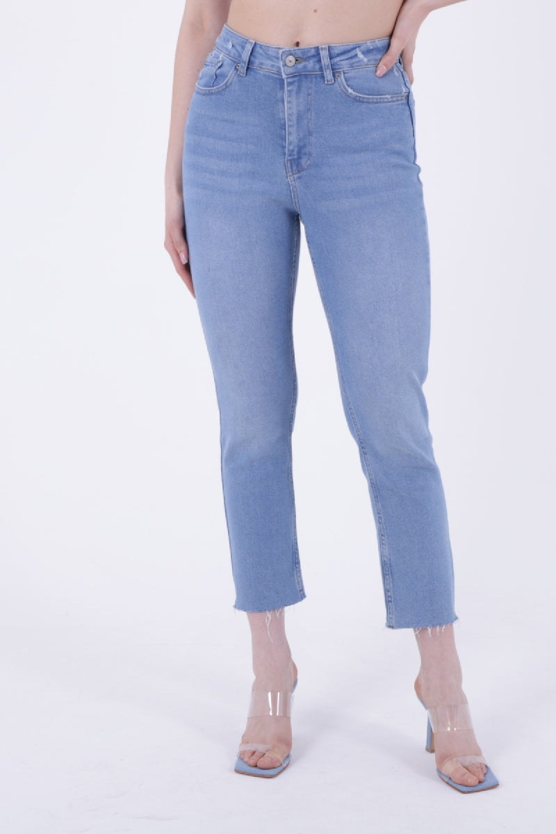 Dikişsiz Paça Mom Fit Kot Pantolon Açık Mavi Kot